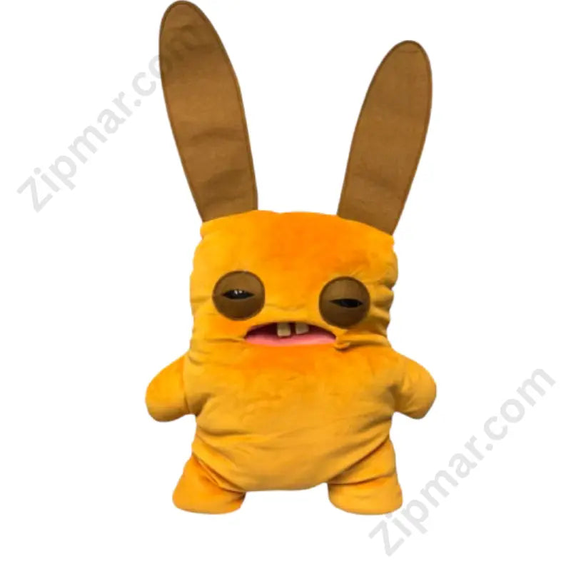 Orange funny ugly monster plush stuffed animal with tall brown rabbit ears and open buck-toothed mouth, front view