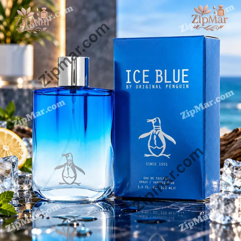 Original Penguin Ice Blue blue gradient glass bottle with silver cap beside blue box
