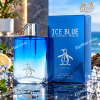 Thumbnail for Original Penguin Ice Blue blue gradient glass bottle with silver cap beside blue box