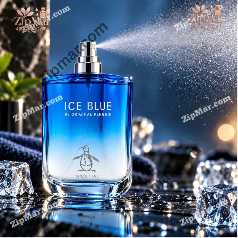 Original Penguin Ice Blue EDT bottle spraying a fine mist
