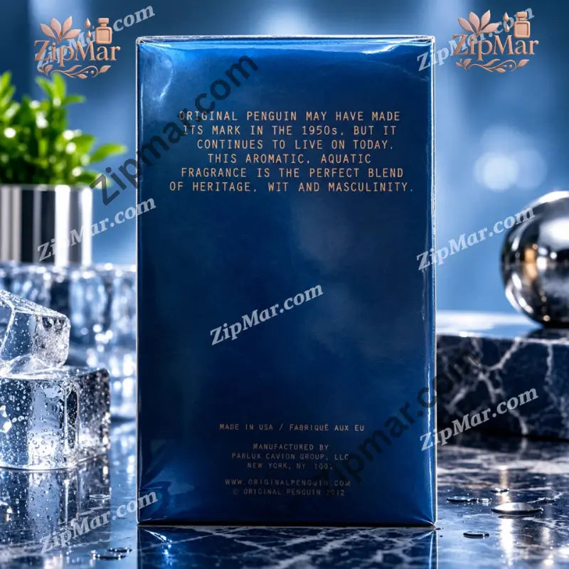 Back of Original Penguin Ice Blue eau de toilette box with brand story and Made in USA label