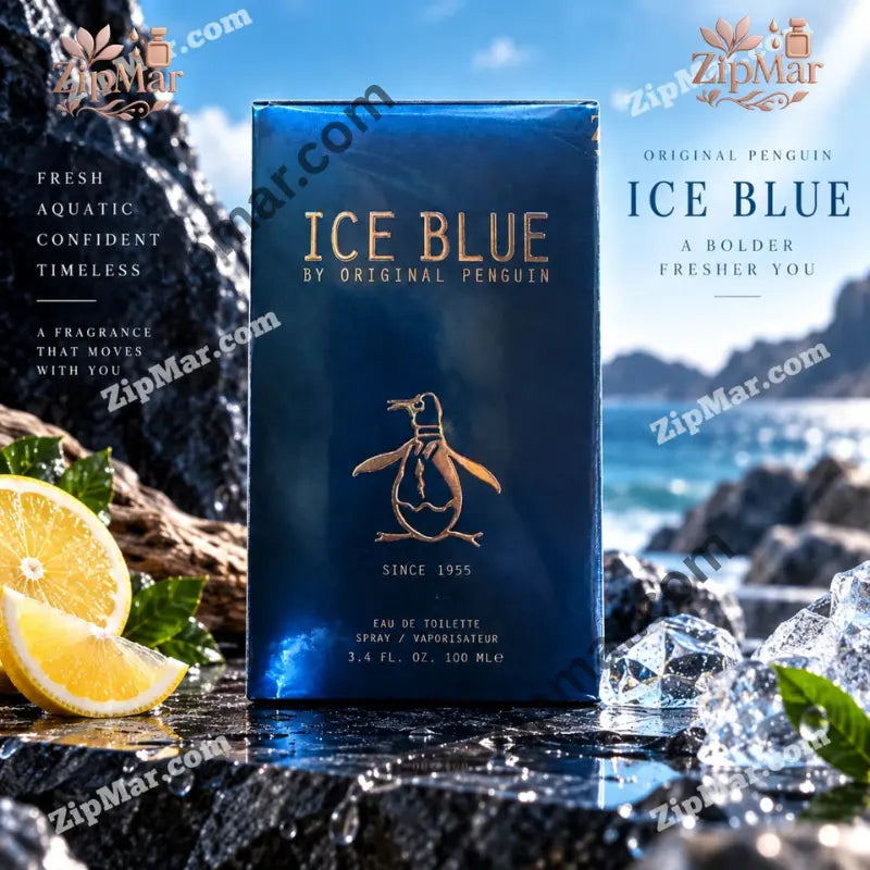 Original Penguin Ice Blue eau de toilette 3.4 fl oz navy and gold box front with penguin logo