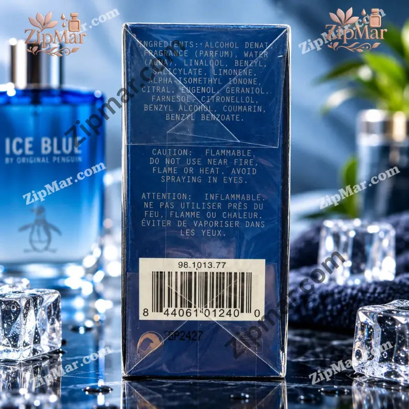 Side of Original Penguin Ice Blue EDT box showing ingredients, flammable warning and barcode
