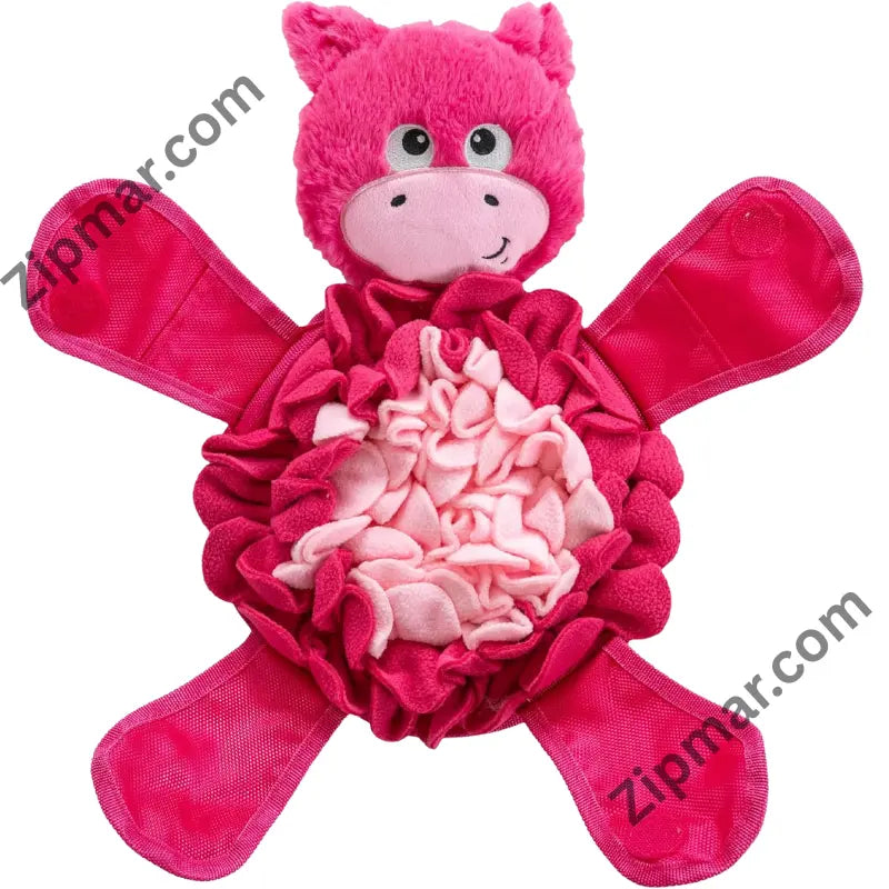 Outward Hound Snuffle Pals Pig toy opened flat showing pink fleece snuffle mat with arms and legs
