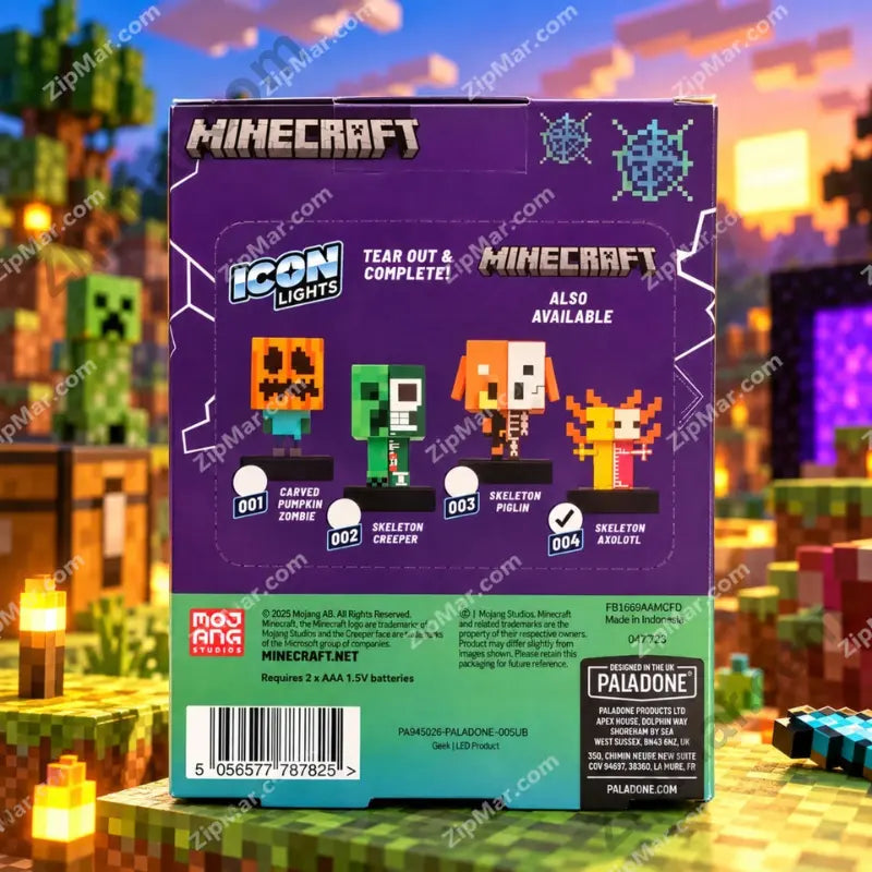 Paladone Minecraft Icon Lights Skeleton Axolotl back of box showing full collection 001 002 003 004
