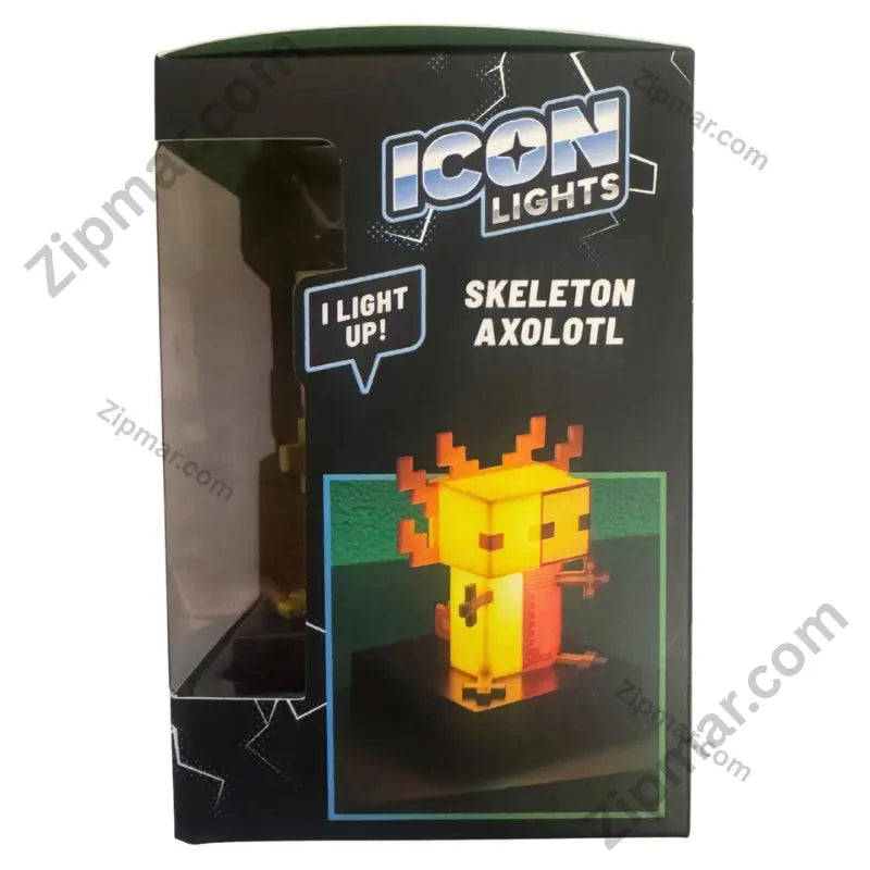 Paladone Minecraft Skeleton Axolotl Icon Light 004 front of box with LED figure lit up white background