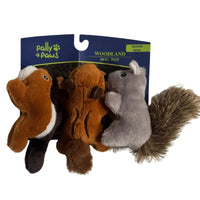 Thumbnail for Pally Paws Woodland Dog Toys 3-piece squeaker plush set featuring skunk, chipmunk, and squirrel on display card