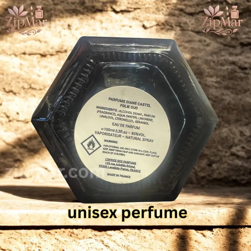 Bottom label of Parfums Diane Castel Folie Oud EDP bottle displaying Made in France details