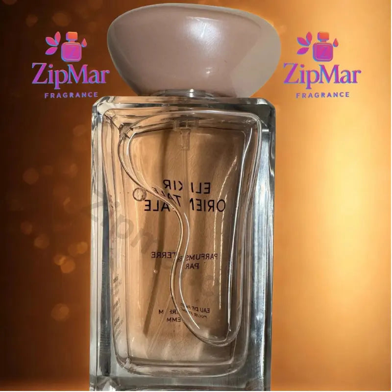 Back view of Parfums Terre Paris Elixir Orientale Eau de Parfum bottle through the glass with wavy line and stone shaped cap