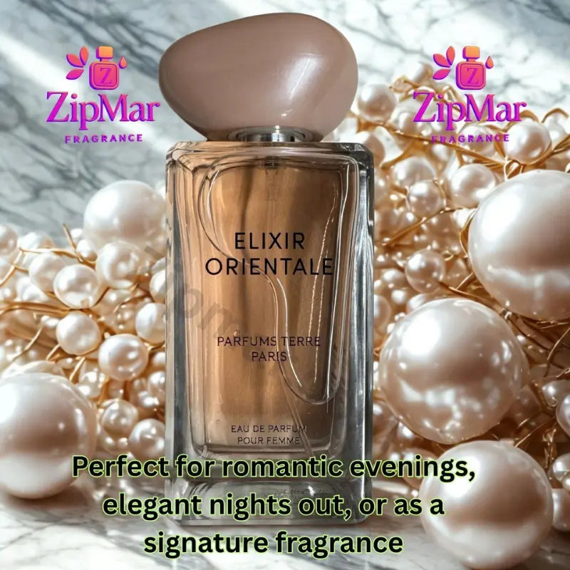 Parfums Terre Paris Elixir Orientale Eau de Parfum Pour Femme clear glass bottle with beige pink stone shaped cap