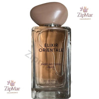 Thumbnail for Parfums Terre Paris Elixir Orientale Eau de Parfum Pour Femme bottle front with black label text and beige pink cap