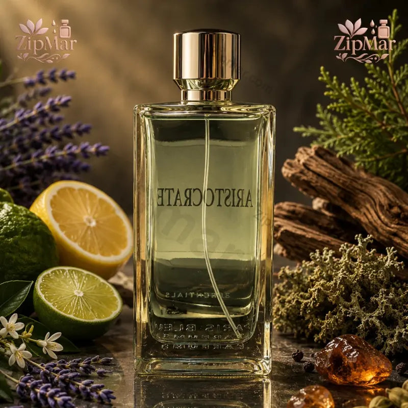Front view of Paris Bleu Aristocrate bottle on light marble surface with citrus and amber highlights