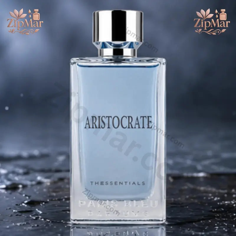 Front display of Aristocrate perfume bottle framed by green apple, lime, lavender, and amber