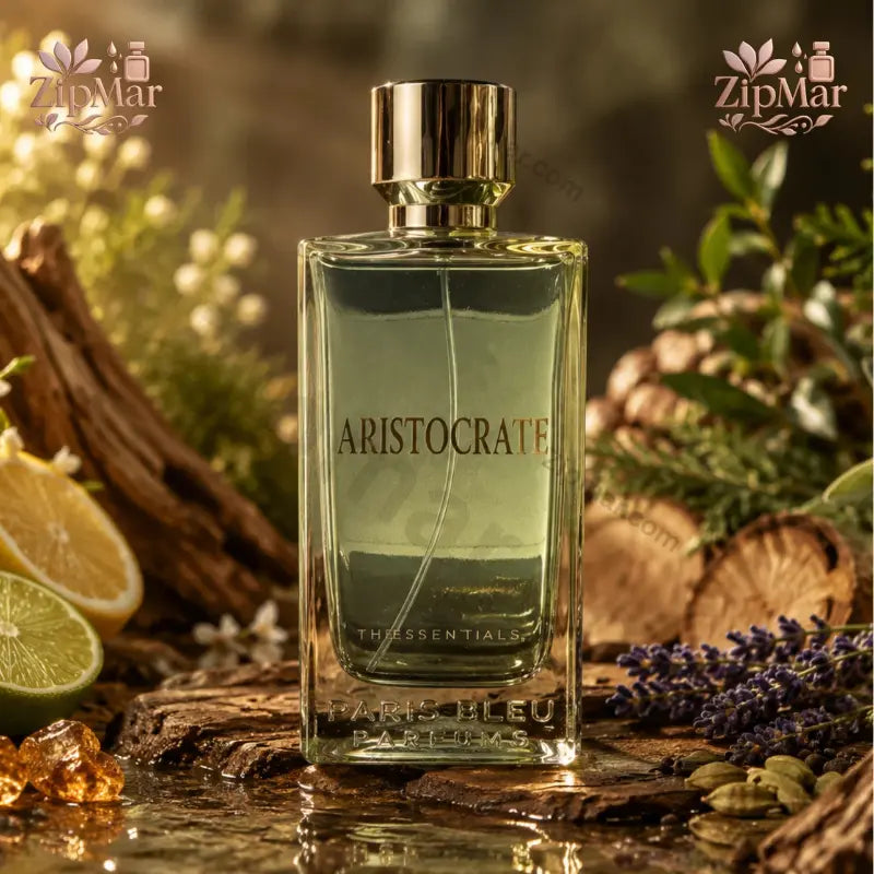 Front view of Paris Bleu Aristocrate Eau de Parfum bottle styled with fresh lime, lemon, lavender, and natural wood
