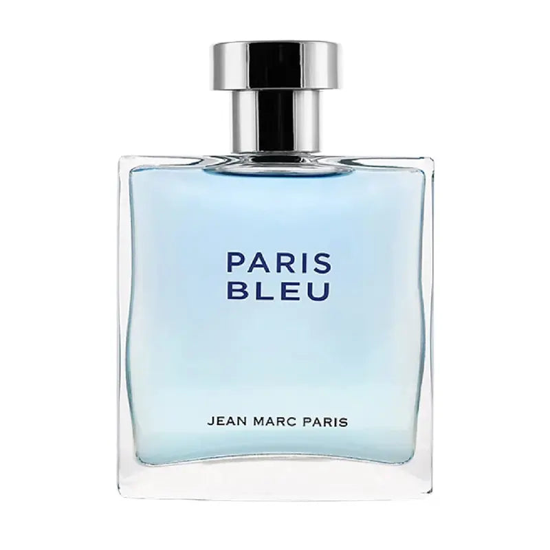 Clear square glass bottle of Paris Bleu by Jean Marc Paris featuring a silver metallic cap.