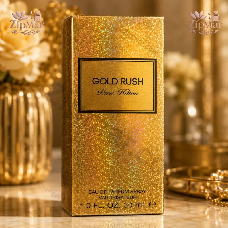 Front view of Paris Hilton Gold Rush Eau de Parfum 1.0 fl oz 30 ml shimmering gold glitter box packaging