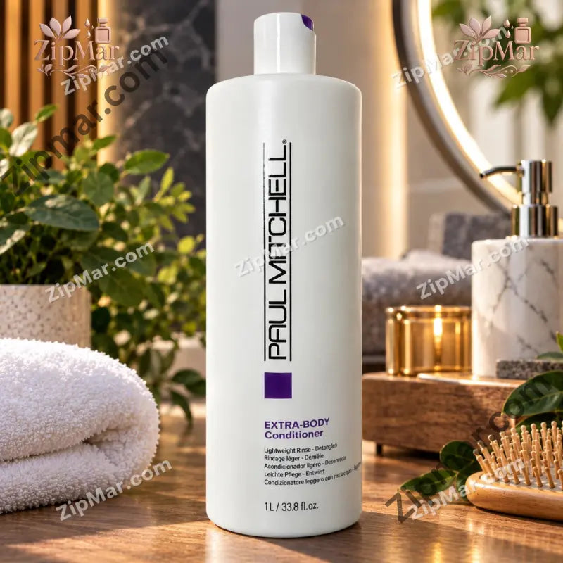 Paul Mitchell Extra Body lightweight rinse detangles conditioner 1 L bottle on bath shelf