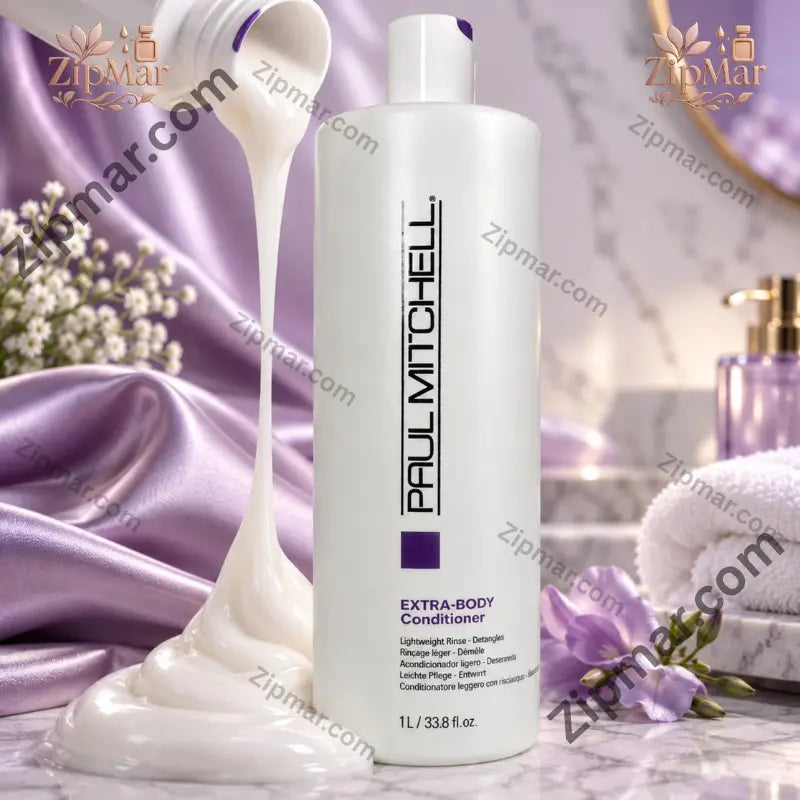 Paul Mitchell Extra Body Conditioner 1 liter bottle with creamy conditioner pouring