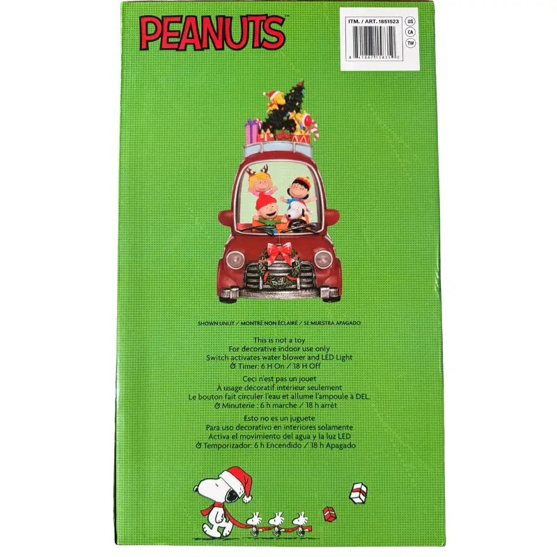 Peanuts Christmas Holiday Water Spinning Car back of box specifications and timer details