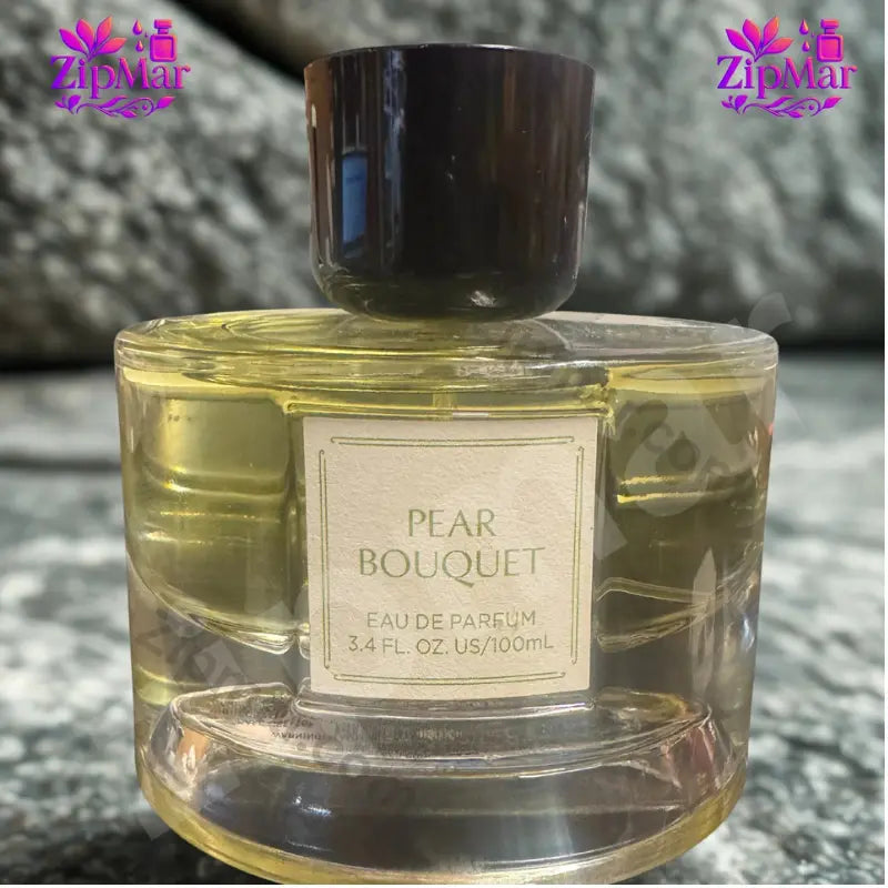 Close up of Pear Bouquet Eau de Parfum label with green border reading 3.4 fl oz US 100 mL