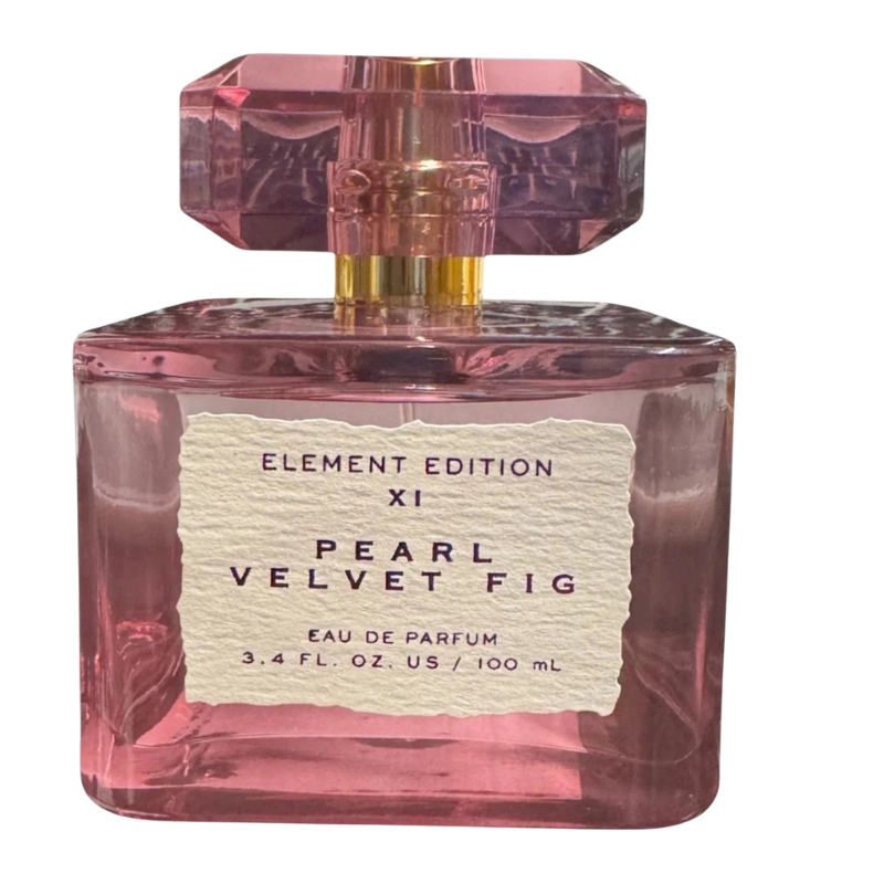 Multiple views of the Pearl Velvet Fig perfume bottle including the back label and ingredients list.