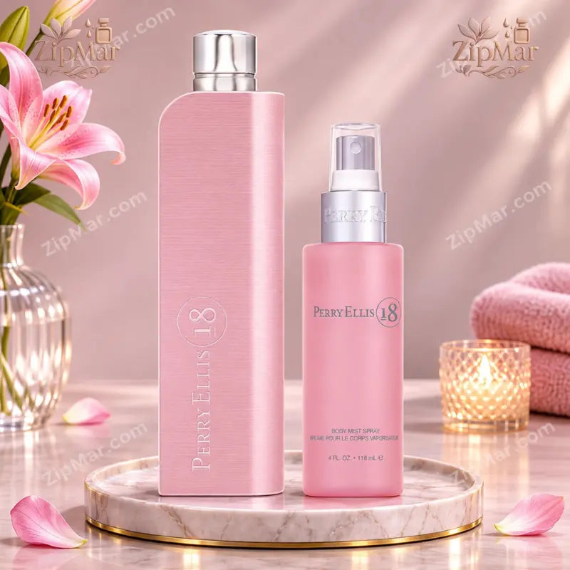 Perry Ellis 18 Eau de Parfum 3.4 oz bottle and Body Mist Spray 4 oz bottle standing side by side in pink and silver