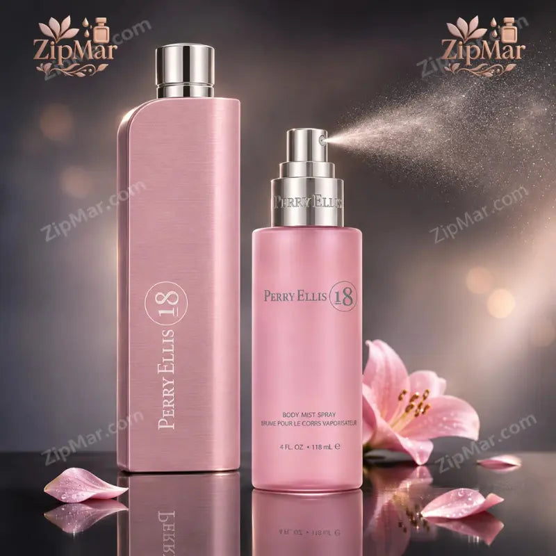 Perry Ellis 18 pink Eau de Parfum bottle with silver cap beside Body Mist Spray 4 fl oz 118 mL bottle spraying a fine mist