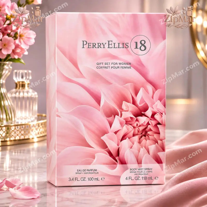 Perry Ellis 18 Gift Set for Women box front with pink flower design, Eau de Parfum 3.4 fl oz 100 mL and Body Mist Spray 4 fl oz 118 mL