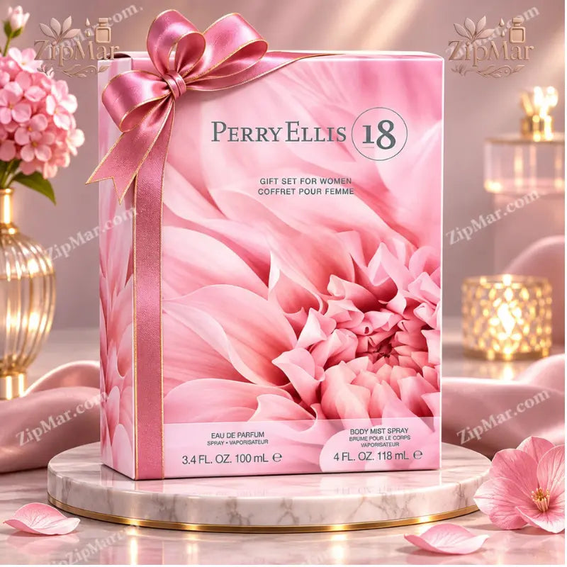 Perry Ellis 18 Gift Set for Women pink floral box with pink ribbon bow, Eau de Parfum 100 mL and Body Mist Spray 118 mL