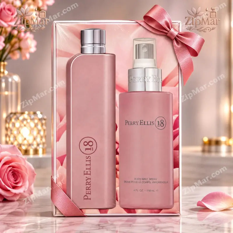 Perry Ellis 18 Gift Set for Women with pink Eau de Parfum bottle and Body Mist Spray bottle in gift box with pink ribbon