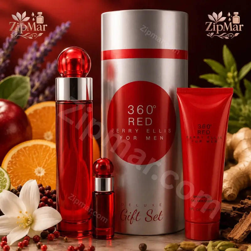 Perry Ellis 360 Red for Men Deluxe Gift Set showing 100 mL EDT bottle, 0.25 oz mini, silver tube and 3 oz shower gel