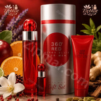 Thumbnail for Perry Ellis 360 Red for Men Deluxe Gift Set showing 100 mL EDT bottle, 0.25 oz mini, silver tube and 3 oz shower gel