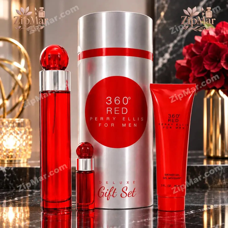Perry Ellis 360 Red for Men Deluxe Gift Set with red EDT 3.4 oz bottle, mini EDT, silver gift tube and shower gel