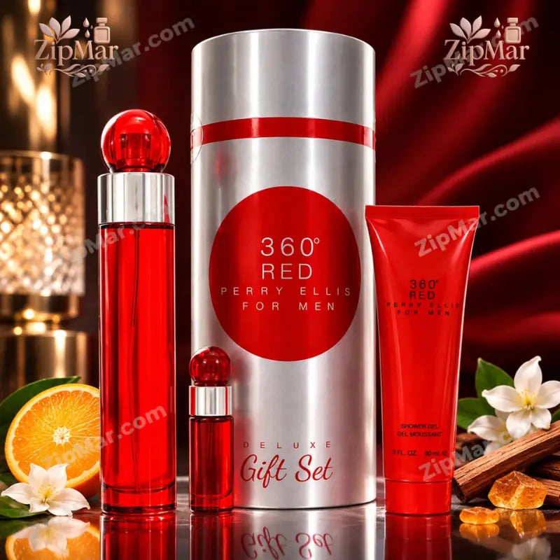 Perry Ellis 360 Red for Men gift set with EDT spray, mini spray, shower gel and silver gift tube displayed together