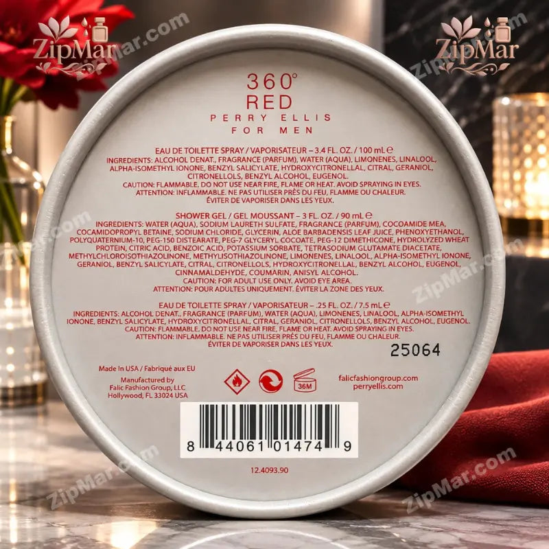 Perry Ellis 360 Red for Men gift tube base with ingredients, Made in USA, Falic Fashion Group and UPC barcode