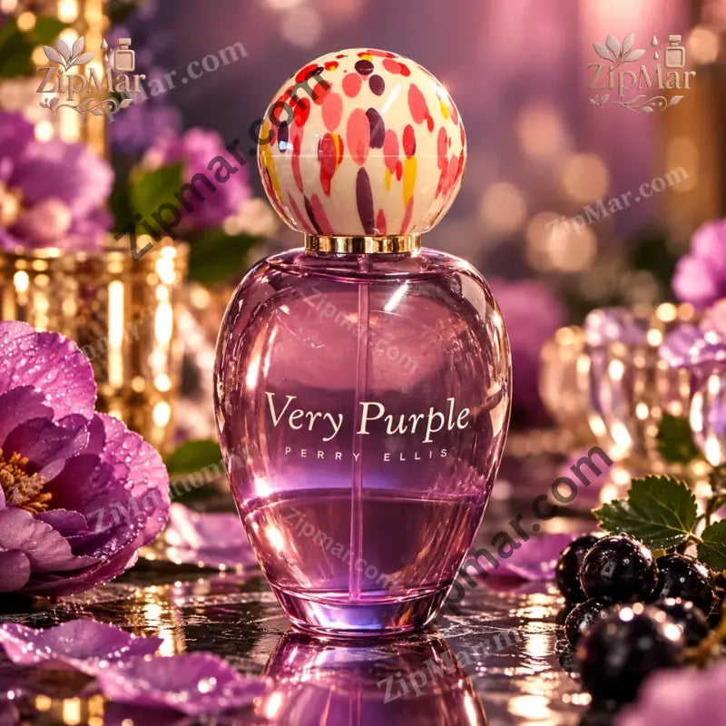 Perry Ellis Very Purple women’s fragrance in a purple glass bottle with dotted cap among purple flowers and dark berries