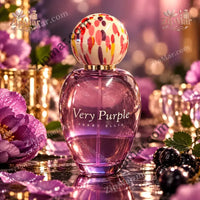 Thumbnail for Perry Ellis Very Purple women’s fragrance in a purple glass bottle with dotted cap among purple flowers and dark berries