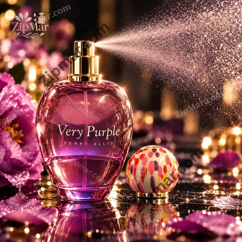 Perry Ellis Very Purple fragrance bottle with gold atomizer spraying a fine mist beside the dotted cap