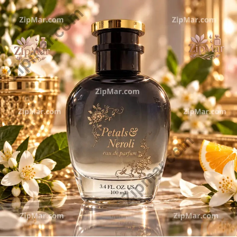 Petals and Neroli eau de parfum 3.4 oz 100 ml front label with gold floral engraving”