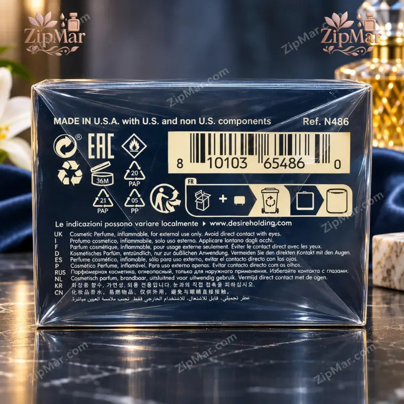 Back of Pierre Cardin Pour Homme EDT box with barcode, Ref N486, Made in USA and safety symbols