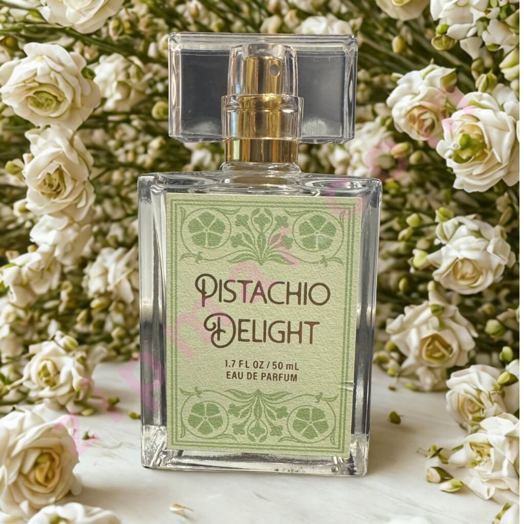 Perfume bottle labeled 'Pistachio Delight' surrounded by white flowers