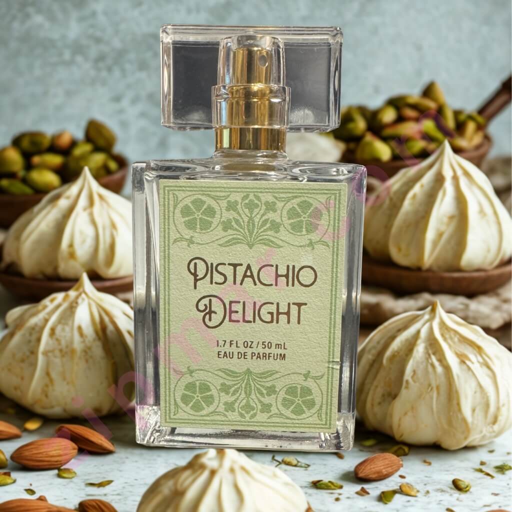 Pistachio Delight perfume bottle with pistachios and meringues in the background