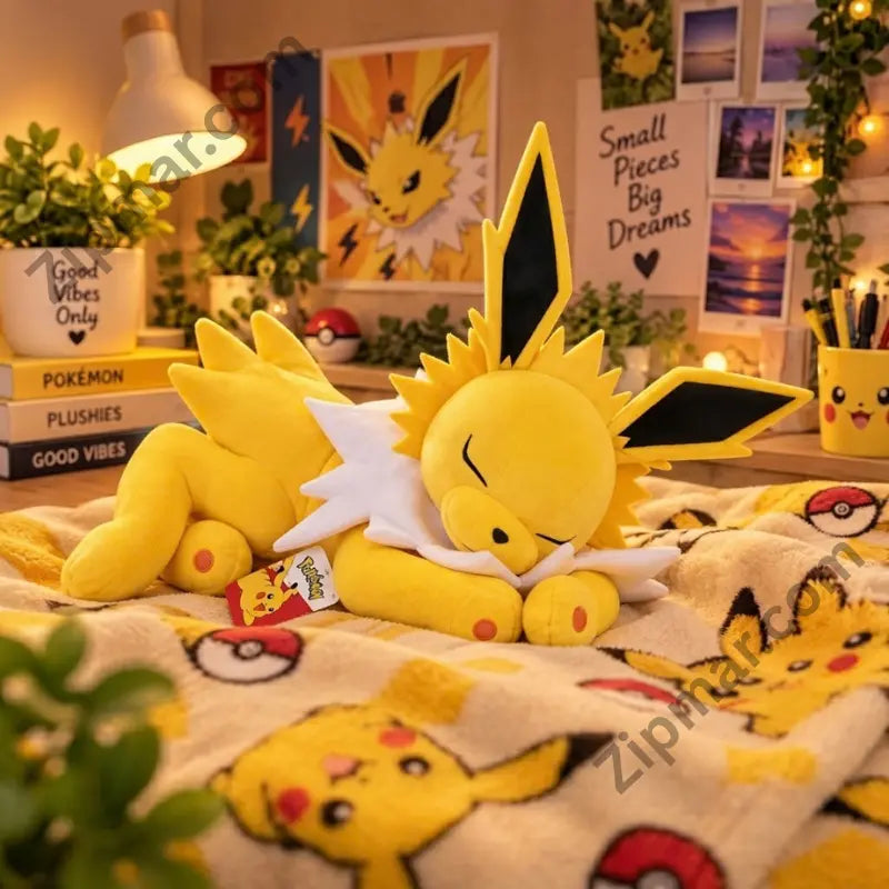Pokemon sleeping Jolteon plush resting on a Pikachu patterned blanket”