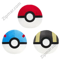 Thumbnail for Pokémon squeaky dog toys 3-pack — Poké Ball, Great Ball, and Ultra Ball plush toys in front of Pokémon Center backdrop with Pikachu