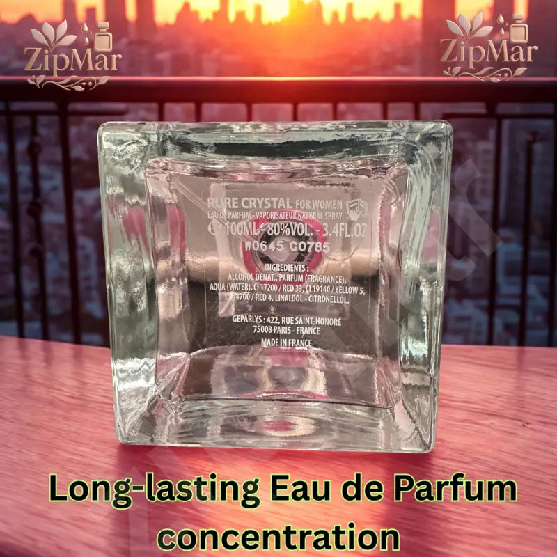 Pure Crystal Eau de Parfum bottle base with 100 mL, 80% vol, 3.4 fl oz, ingredients and Made in France