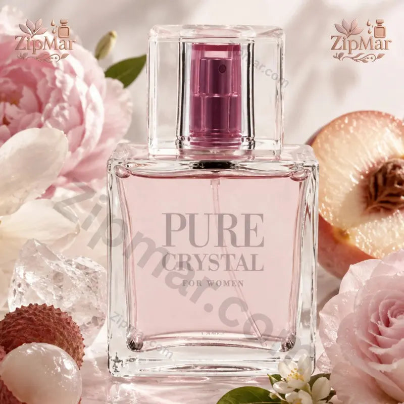 Pure Crystal for Women Eau de Parfum 3.4 oz bottle with pink juice beside peach, peony, lychee and ice