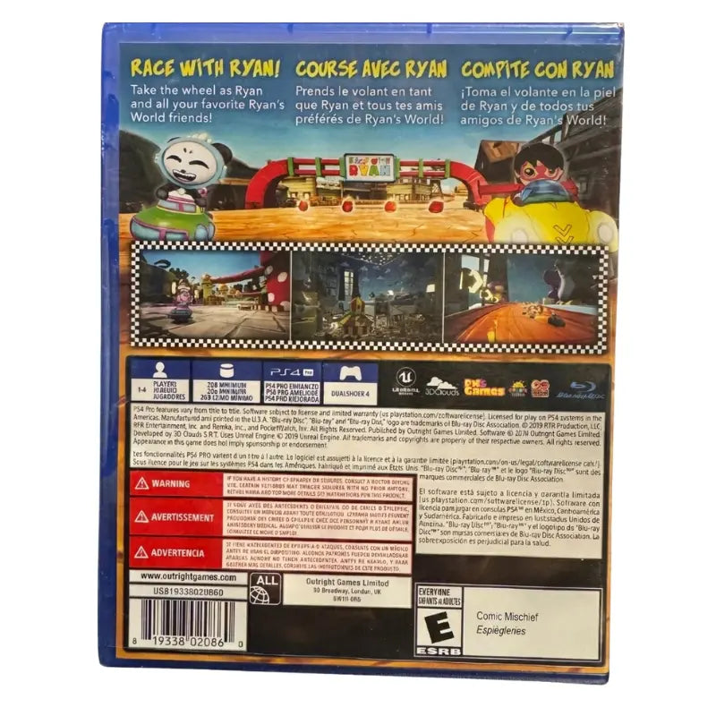Race With Ryan PS4 game back cover showing 1-4 players PS4 Pro enhanced ESRB E rating and Outright Games branding