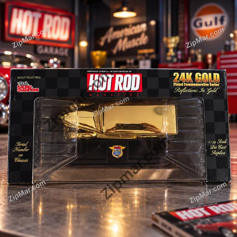 Back of Racing Champions 24K Gold Plated box with clear window, serial number on chassis and 1:24 scale