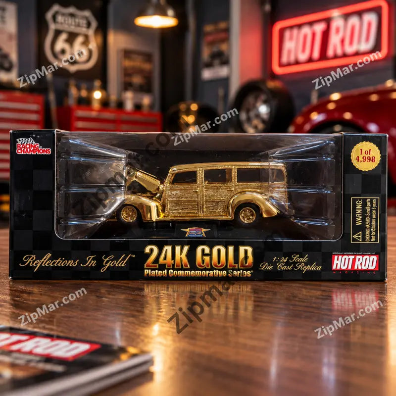 Racing Champions Hot Rod Magazine 24K Gold Plated Commemorative Series box with 1:24 gold woody wagon, 1 of 4,998 seal
