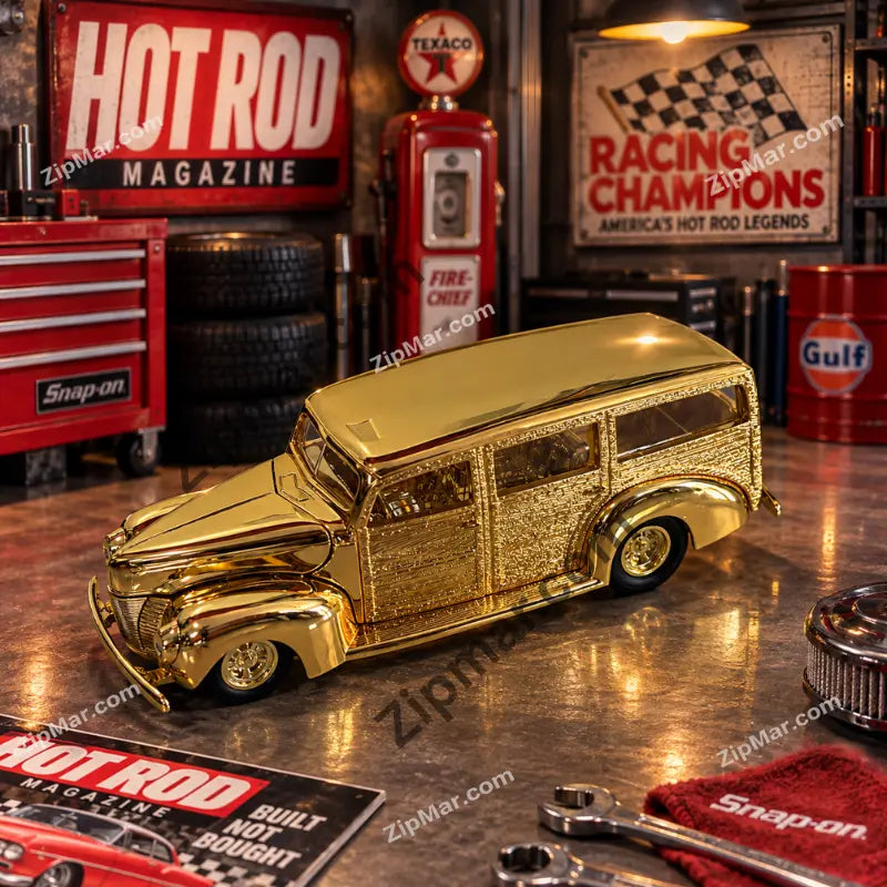 Front three quarter view of Racing Champions 24K gold plated woody wagon diecast replica